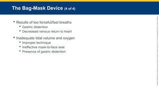 Copyright
©
2023
by
Jones
&
Bartlett
Learning,
LLC,
an
Ascend
Learning
Company
and
the
American
Academy
of
Orthopaedic
Surgeons.
The Bag-Mask Device (4 of 4)
 Results of too forceful/fast breaths
 Gastric distention
 Decreased venous return to heart
 Inadequate tidal volume and oxygen
 Improper technique
 Ineffective mask-to-face seal
 Presence of gastric distention
 