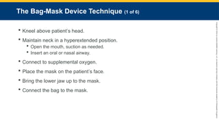 Copyright
©
2023
by
Jones
&
Bartlett
Learning,
LLC,
an
Ascend
Learning
Company
and
the
American
Academy
of
Orthopaedic
Surgeons.
The Bag-Mask Device Technique (1 of 6)
 Kneel above patient’s head.
 Maintain neck in a hyperextended position.
 Open the mouth, suction as needed.
 Insert an oral or nasal airway.
 Connect to supplemental oxygen.
 Place the mask on the patient’s face.
 Bring the lower jaw up to the mask.
 Connect the bag to the mask.
 