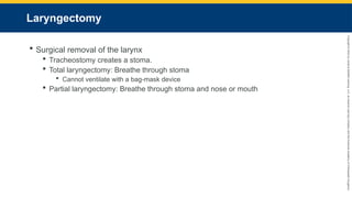 Copyright
©
2023
by
Jones
&
Bartlett
Learning,
LLC,
an
Ascend
Learning
Company
and
the
American
Academy
of
Orthopaedic
Surgeons.
Laryngectomy
 Surgical removal of the larynx
 Tracheostomy creates a stoma.
 Total laryngectomy: Breathe through stoma
 Cannot ventilate with a bag-mask device
 Partial laryngectomy: Breathe through stoma and nose or mouth
 