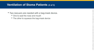 Copyright
©
2023
by
Jones
&
Bartlett
Learning,
LLC,
an
Ascend
Learning
Company
and
the
American
Academy
of
Orthopaedic
Surgeons.
Ventilation of Stoma Patients (2 of 3)
 Two rescuers are needed with a bag-mask device.
 One to seal the nose and mouth
 The other to squeeze the bag-mask device
 