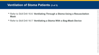 Copyright
©
2023
by
Jones
&
Bartlett
Learning,
LLC,
an
Ascend
Learning
Company
and
the
American
Academy
of
Orthopaedic
Surgeons.
Ventilation of Stoma Patients (3 of 3)
 Refer to Skill Drill 16-6: Ventilating Through a Stoma Using a Resuscitation
Mask
 Refer to Skill Drill 16-7: Ventilating a Stoma With a Bag-Mask Device
 