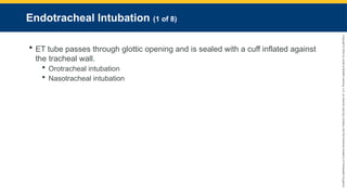Copyright
©
2023
by
Jones
&
Bartlett
Learning,
LLC,
an
Ascend
Learning
Company
and
the
American
Academy
of
Orthopaedic
Surgeons.
Endotracheal Intubation (1 of 8)
 ET tube passes through glottic opening and is sealed with a cuff inflated against
the tracheal wall.
 Orotracheal intubation
 Nasotracheal intubation
 