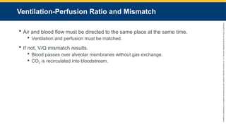 Copyright
©
2023
by
Jones
&
Bartlett
Learning,
LLC,
an
Ascend
Learning
Company
and
the
American
Academy
of
Orthopaedic
Surgeons.
Ventilation-Perfusion Ratio and Mismatch
 Air and blood flow must be directed to the same place at the same time.
 Ventilation and perfusion must be matched.
 If not, V/Q mismatch results.
 Blood passes over alveolar membranes without gas exchange.
 CO2 is recirculated into bloodstream.
 
