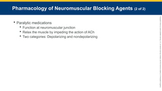 Copyright
©
2023
by
Jones
&
Bartlett
Learning,
LLC,
an
Ascend
Learning
Company
and
the
American
Academy
of
Orthopaedic
Surgeons.
Pharmacology of Neuromuscular Blocking Agents (2 of 2)
 Paralytic medications
 Function at neuromuscular junction
 Relax the muscle by impeding the action of ACh
 Two categories: Depolarizing and nondepolarizing
 