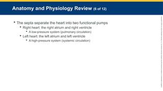 Copyright
©
2023
by
Jones
&
Bartlett
Learning,
LLC,
an
Ascend
Learning
Company
and
the
American
Academy
of
Orthopaedic
Surgeons.
Anatomy and Physiology Review (6 of 12)
 The septa separate the heart into two functional pumps
 Right heart: the right atrium and right ventricle
 A low-pressure system (pulmonary circulation)
 Left heart: the left atrium and left ventricle
 A high-pressure system (systemic circulation)
 