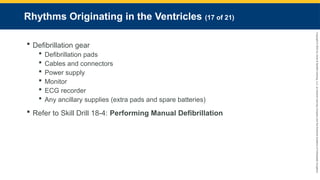 Copyright
©
2023
by
Jones
&
Bartlett
Learning,
LLC,
an
Ascend
Learning
Company
and
the
American
Academy
of
Orthopaedic
Surgeons.
Rhythms Originating in the Ventricles (17 of 21)
 Defibrillation gear
 Defibrillation pads
 Cables and connectors
 Power supply
 Monitor
 ECG recorder
 Any ancillary supplies (extra pads and spare batteries)
 Refer to Skill Drill 18-4: Performing Manual Defibrillation
 