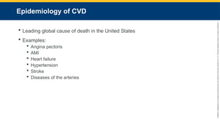 Copyright
©
2023
by
Jones
&
Bartlett
Learning,
LLC,
an
Ascend
Learning
Company
and
the
American
Academy
of
Orthopaedic
Surgeons.
Epidemiology of CVD
 Leading global cause of death in the United States
 Examples:
 Angina pectoris
 AMI
 Heart failure
 Hypertension
 Stroke
 Diseases of the arteries
 