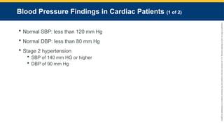 Copyright
©
2023
by
Jones
&
Bartlett
Learning,
LLC,
an
Ascend
Learning
Company
and
the
American
Academy
of
Orthopaedic
Surgeons.
Blood Pressure Findings in Cardiac Patients (1 of 2)
 Normal SBP: less than 120 mm Hg
 Normal DBP: less than 80 mm Hg
 Stage 2 hypertension
 SBP of 140 mm HG or higher
 DBP of 90 mm Hg
 