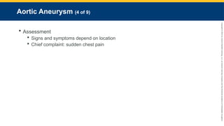 Copyright
©
2023
by
Jones
&
Bartlett
Learning,
LLC,
an
Ascend
Learning
Company
and
the
American
Academy
of
Orthopaedic
Surgeons.
Aortic Aneurysm (4 of 9)
 Assessment
 Signs and symptoms depend on location
 Chief complaint: sudden chest pain
 