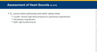 Copyright
©
2023
by
Jones
&
Bartlett
Learning,
LLC,
an
Ascend
Learning
Company
and
the
American
Academy
of
Orthopaedic
Surgeons.
Assessment of Heart Sounds (2 of 4)
 S2: occurs when pulmonary and aortic valves close
 Louder: chronic high blood pressure or pulmonary hypertension
 Decreased: hypotension
 Split: right bundle branch
 