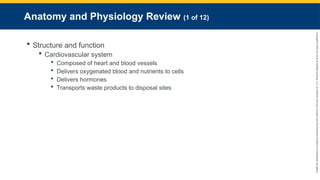 Copyright
©
2023
by
Jones
&
Bartlett
Learning,
LLC,
an
Ascend
Learning
Company
and
the
American
Academy
of
Orthopaedic
Surgeons.
Anatomy and Physiology Review (1 of 12)
 Structure and function
 Cardiovascular system
 Composed of heart and blood vessels
 Delivers oxygenated blood and nutrients to cells
 Delivers hormones
 Transports waste products to disposal sites
 