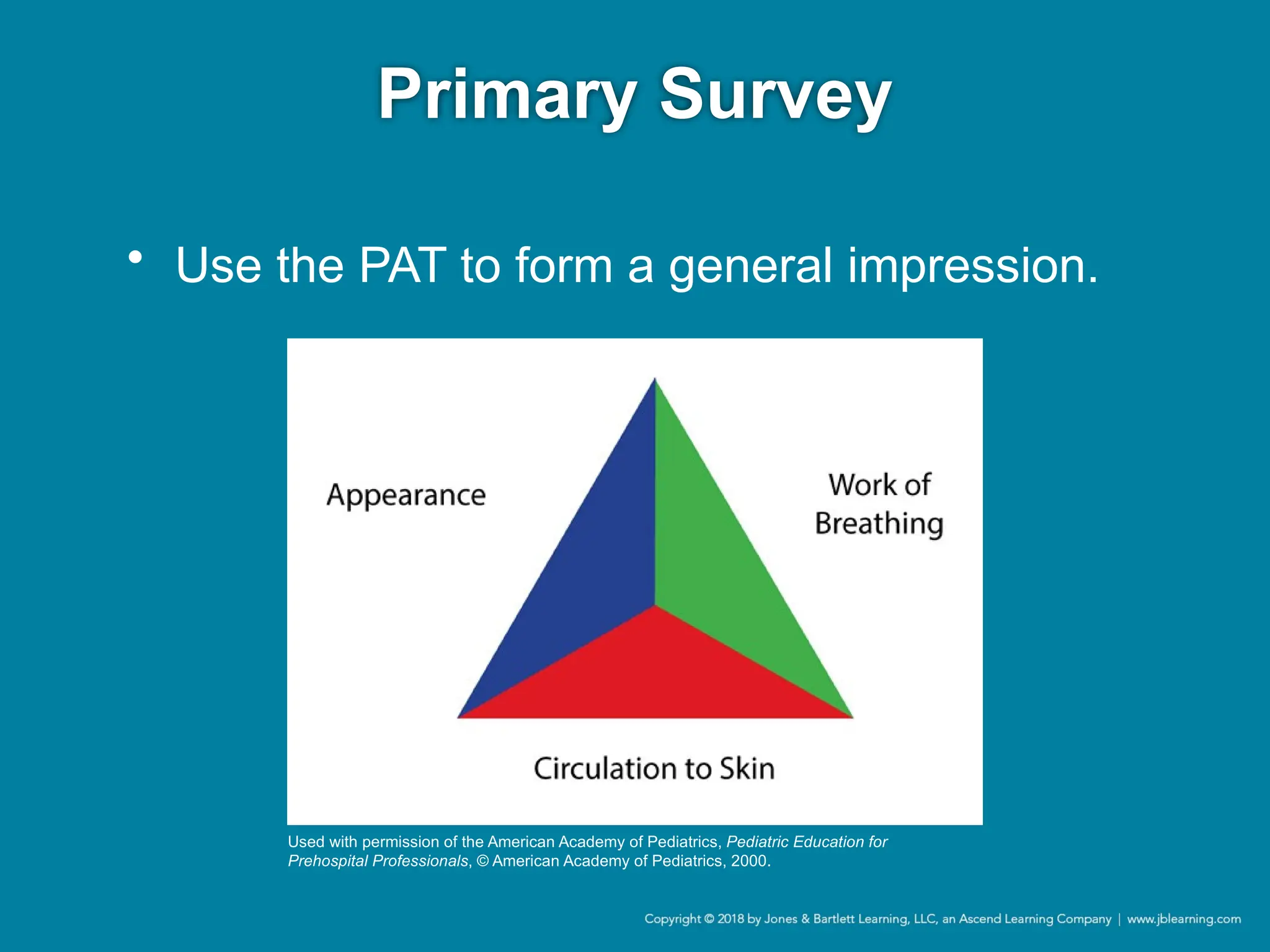 Primary Survey
• Use the PAT to form a general impression.
Used with permission of the American Academy of Pediatrics, Pediatric Education for
Prehospital Professionals, © American Academy of Pediatrics, 2000.
 