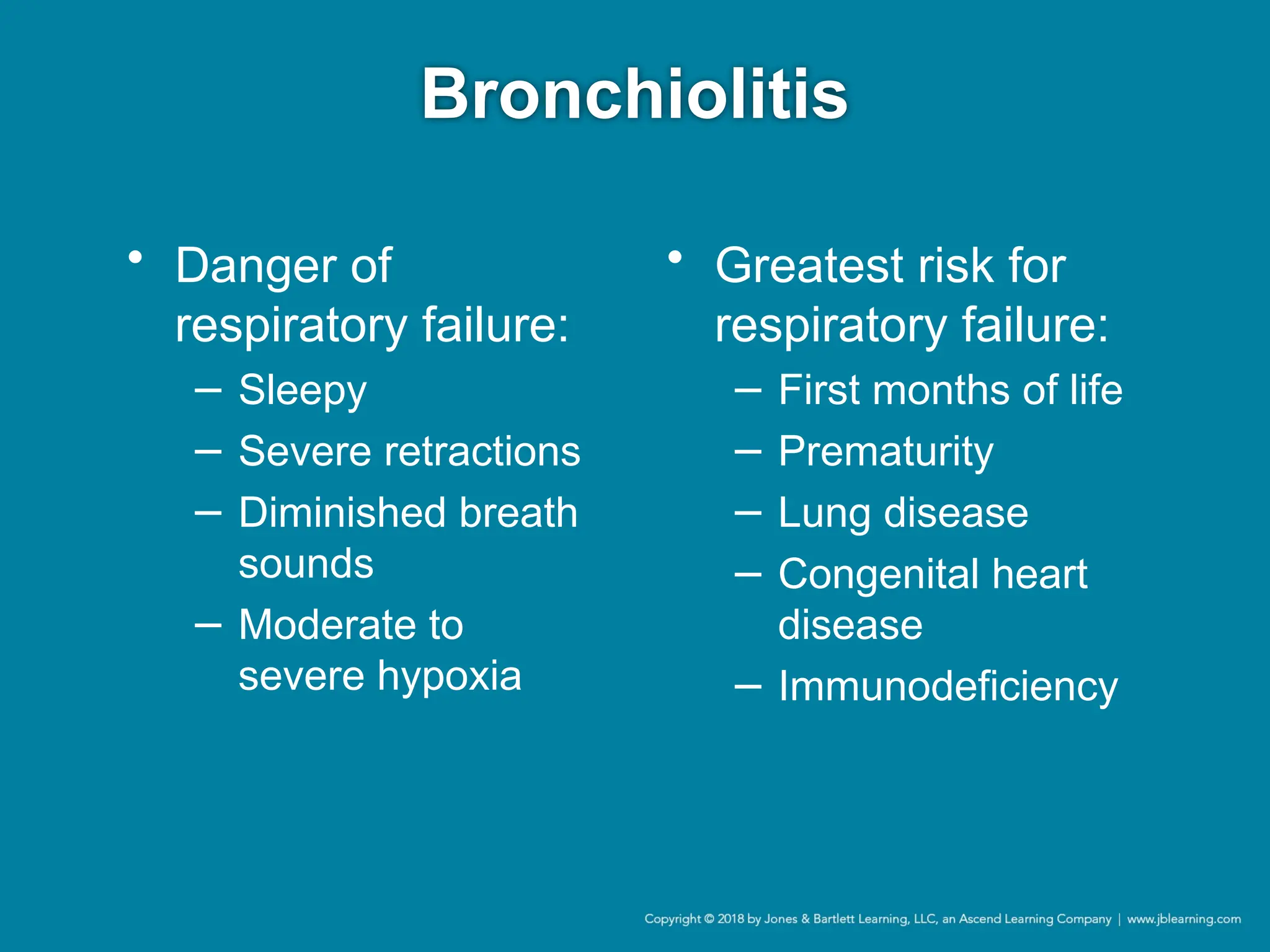 Bronchiolitis
• Danger of
respiratory failure:
− Sleepy
− Severe retractions
− Diminished breath
sounds
− Moderate to
severe hypoxia
• Greatest risk for
respiratory failure:
− First months of life
− Prematurity
− Lung disease
− Congenital heart
disease
− Immunodeficiency
 