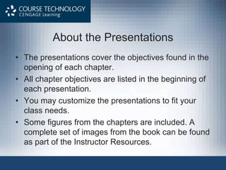 About the Presentations
• The presentations cover the objectives found in the
opening of each chapter.
• All chapter objectives are listed in the beginning of
each presentation.
• You may customize the presentations to fit your
class needs.
• Some figures from the chapters are included. A
complete set of images from the book can be found
as part of the Instructor Resources.
 