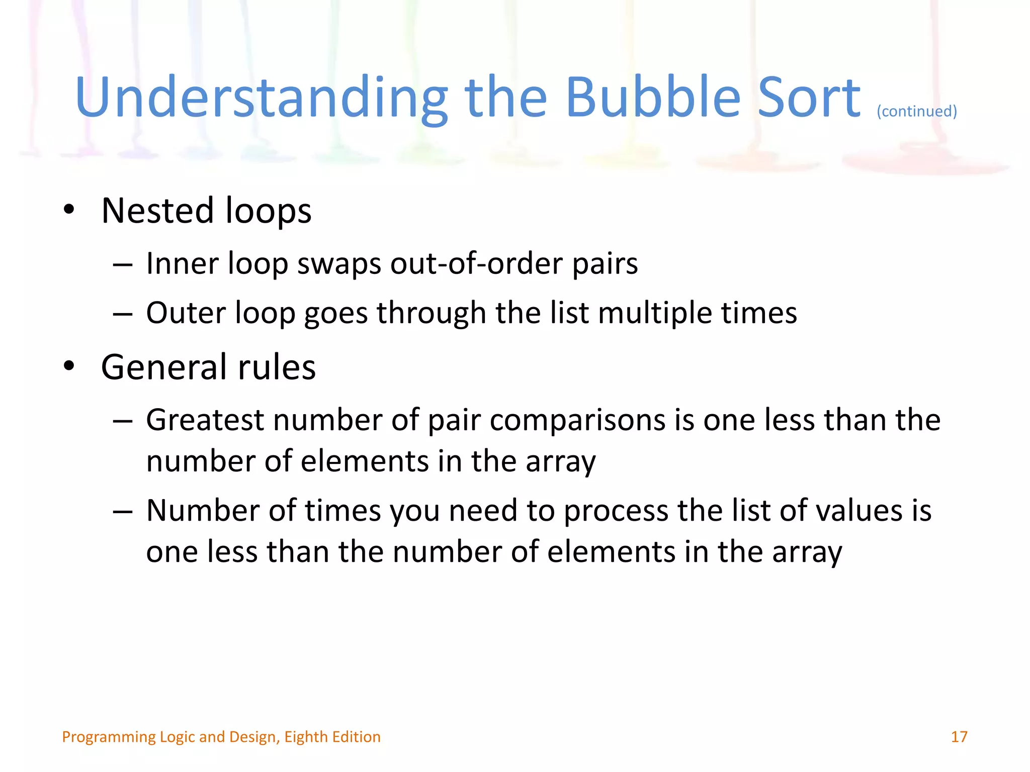 • Nested loops – Inner loop swaps out-of-order pairs – Outer loop goes through the list multiple times • General rules – Greatest number of pair comparisons is one less than the number of elements in the array – Number of times you need to process the list of values is one less than the number of elements in the array 17Programming Logic and Design, Eighth Edition Understanding the Bubble Sort (continued) 