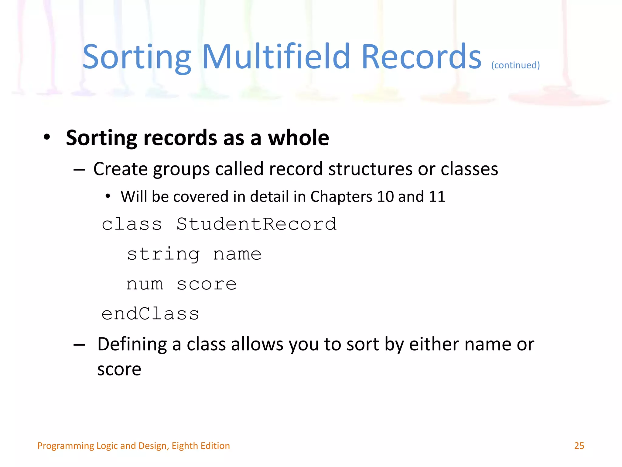 Sorting Multifield Records (continued) 25Programming Logic and Design, Eighth Edition • Sorting records as a whole – Create groups called record structures or classes • Will be covered in detail in Chapters 10 and 11 class StudentRecord string name num score endClass – Defining a class allows you to sort by either name or score 