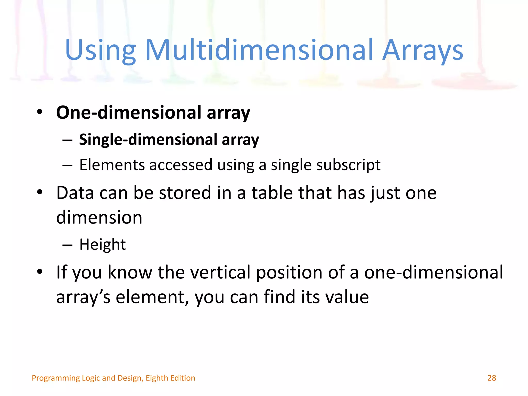 Using Multidimensional Arrays 28Programming Logic and Design, Eighth Edition • One-dimensional array – Single-dimensional array – Elements accessed using a single subscript • Data can be stored in a table that has just one dimension – Height • If you know the vertical position of a one-dimensional array’s element, you can find its value 