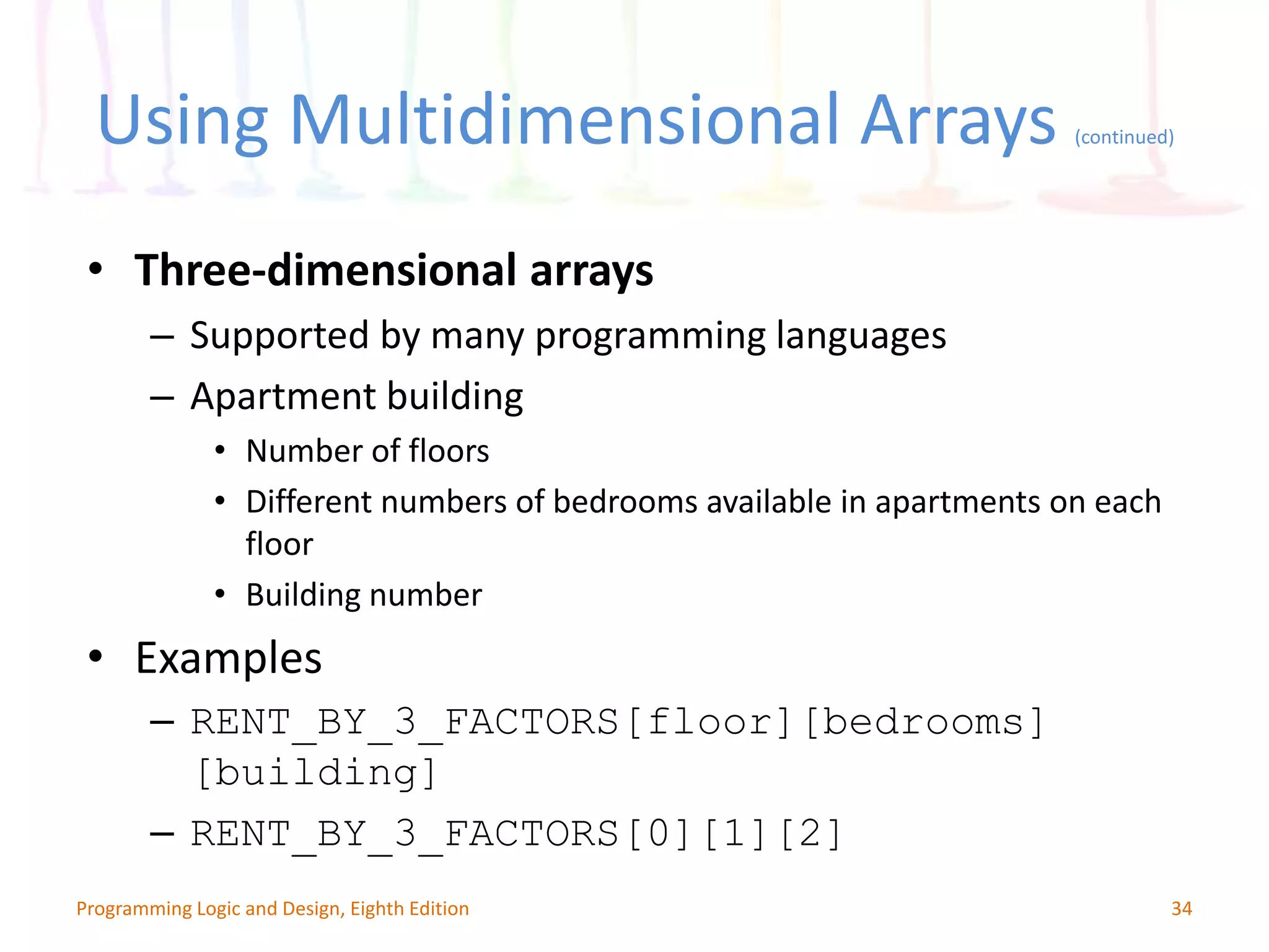 Using Multidimensional Arrays (continued) 34Programming Logic and Design, Eighth Edition • Three-dimensional arrays – Supported by many programming languages – Apartment building • Number of floors • Different numbers of bedrooms available in apartments on each floor • Building number • Examples – RENT_BY_3_FACTORS[floor][bedrooms] [building] – RENT_BY_3_FACTORS[0][1][2] 
