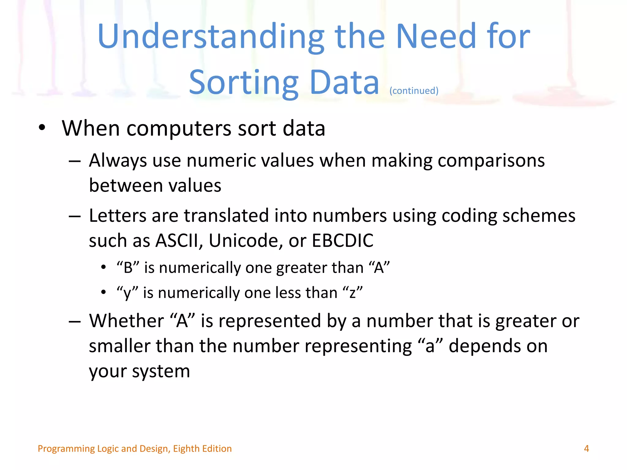 Understanding the Need for Sorting Data (continued) • When computers sort data – Always use numeric values when making comparisons between values – Letters are translated into numbers using coding schemes such as ASCII, Unicode, or EBCDIC • “B” is numerically one greater than “A” • “y” is numerically one less than “z” – Whether “A” is represented by a number that is greater or smaller than the number representing “a” depends on your system 4Programming Logic and Design, Eighth Edition 