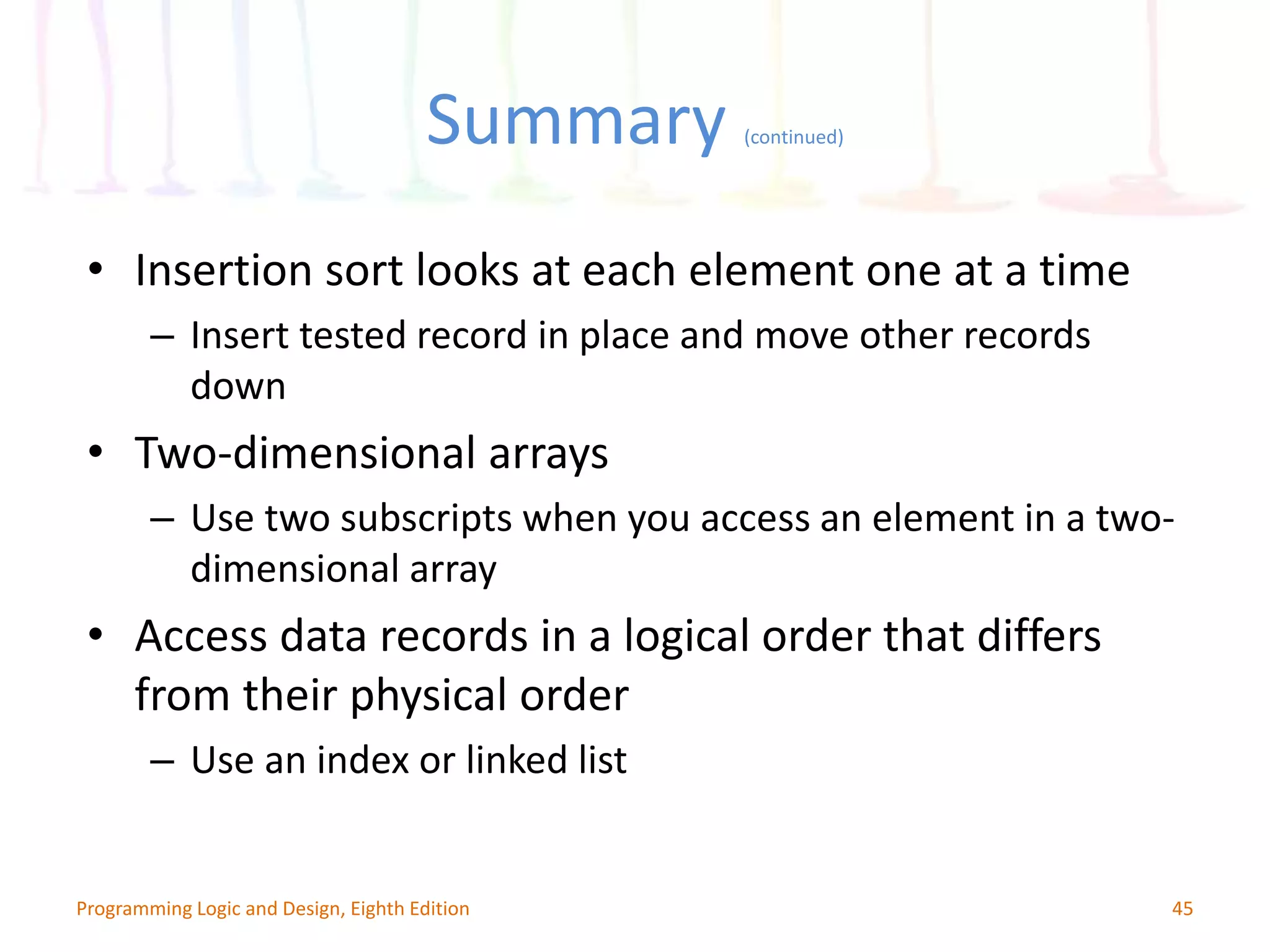 Summary (continued) 45Programming Logic and Design, Eighth Edition • Insertion sort looks at each element one at a time – Insert tested record in place and move other records down • Two-dimensional arrays – Use two subscripts when you access an element in a two- dimensional array • Access data records in a logical order that differs from their physical order – Use an index or linked list 
