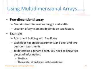 Using Multidimensional Arrays (continued)
29Programming Logic and Design, Eighth Edition
• Two-dimensional array
– Contains two dimensions: height and width
– Location of any element depends on two factors
• Example
– Apartment building with five floors
– Each floor has studio apartments and one- and two-
bedroom apartments
– To determine a tenant’s rent, you need to know two
pieces of information:
• The floor
• The number of bedrooms in the apartment
 