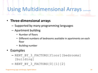 Using Multidimensional Arrays (continued)
34Programming Logic and Design, Eighth Edition
• Three-dimensional arrays
– Supported by many programming languages
– Apartment building
• Number of floors
• Different numbers of bedrooms available in apartments on each
floor
• Building number
• Examples
– RENT_BY_3_FACTORS[floor][bedrooms]
[building]
– RENT_BY_3_FACTORS[0][1][2]
 