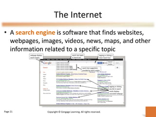 The Internet
• A search engine is software that finds websites,
webpages, images, videos, news, maps, and other
information related to a specific topic
Page 21 Copyright © Cengage Learning. All rights reserved.
 