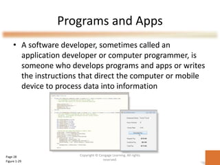 Programs and Apps
• A software developer, sometimes called an
application developer or computer programmer, is
someone who develops programs and apps or writes
the instructions that direct the computer or mobile
device to process data into information
Copyright © Cengage Learning. All rights
reserved.
Page 28
Figure 1-29
 