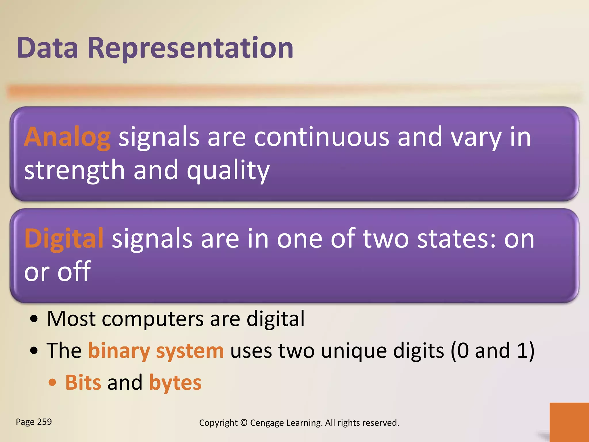 Data Representation
Analog signals are continuous and vary in
strength and quality
Digital signals are in one of two states: on
or off
• Most computers are digital
• The binary system uses two unique digits (0 and 1)
• Bits and bytes
Copyright © Cengage Learning. All rights reserved.Page 259
 