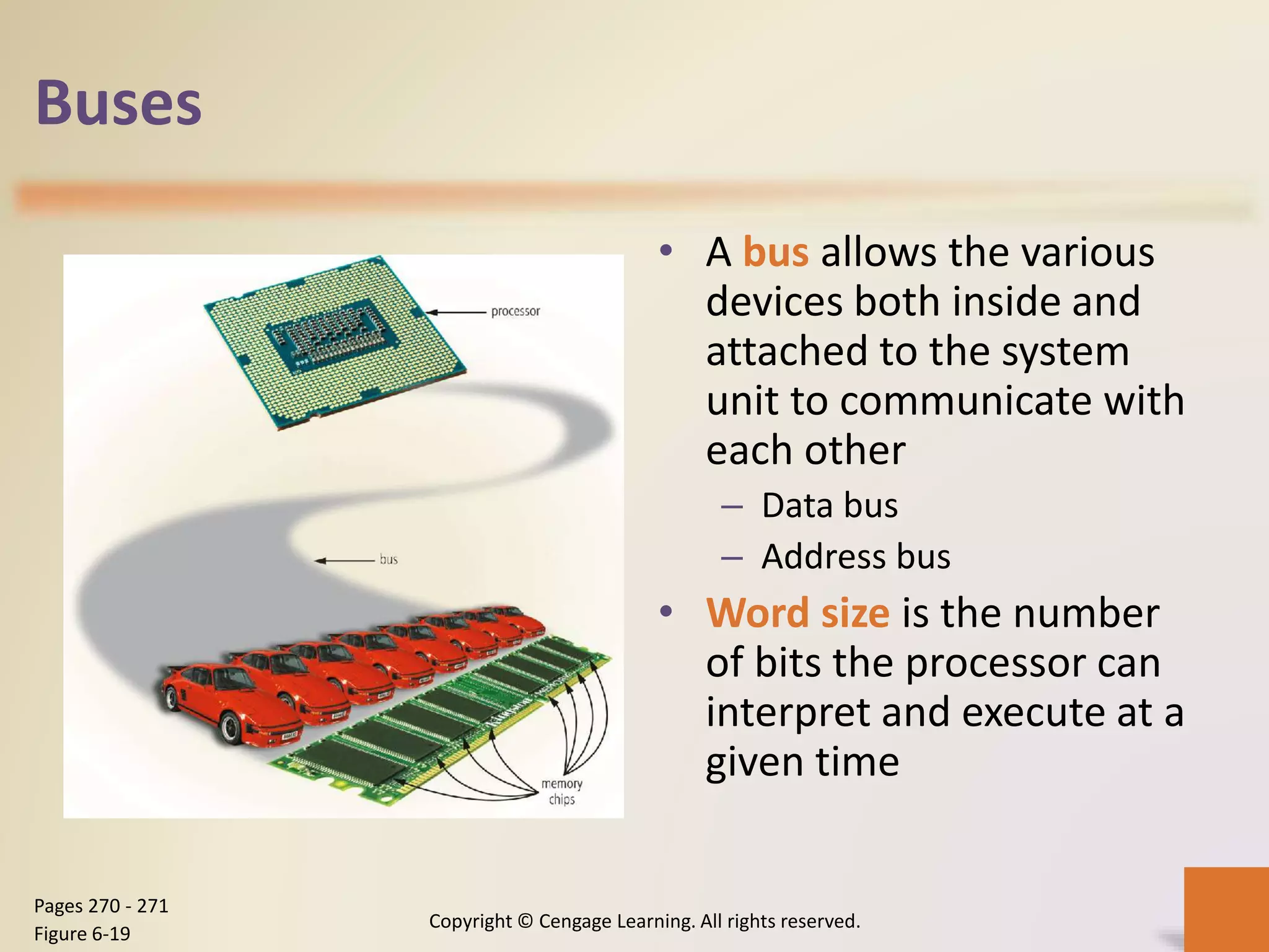 Buses
• A bus allows the various
devices both inside and
attached to the system
unit to communicate with
each other
– Data bus
– Address bus
• Word size is the number
of bits the processor can
interpret and execute at a
given time
Copyright © Cengage Learning. All rights reserved.
Pages 270 - 271
Figure 6-19
 