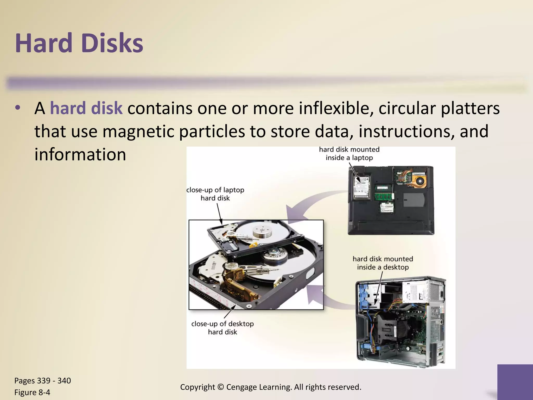 Hard Disks
• A hard disk contains one or more inflexible, circular platters
that use magnetic particles to store data, instructions, and
information
Copyright © Cengage Learning. All rights reserved.
Pages 339 - 340
Figure 8-4
 