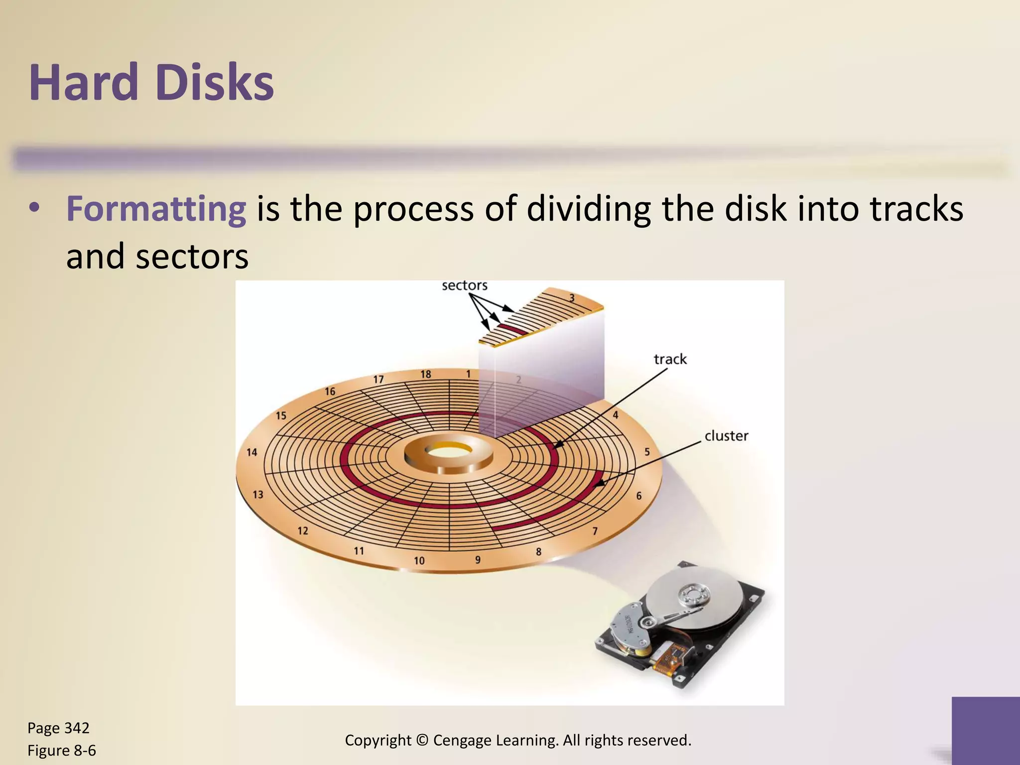Hard Disks
• Formatting is the process of dividing the disk into tracks
and sectors
Copyright © Cengage Learning. All rights reserved.
Page 342
Figure 8-6
 