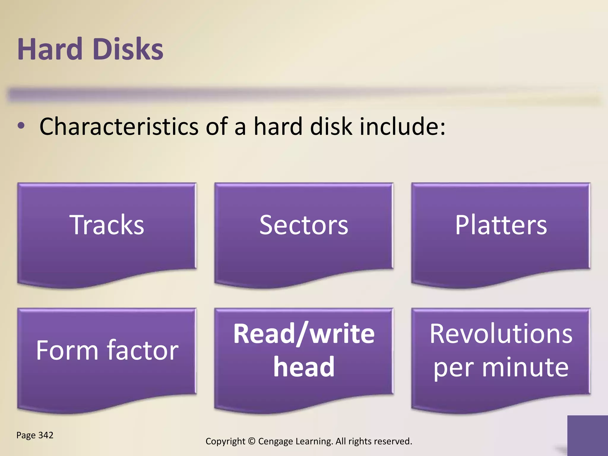 Hard Disks
• Characteristics of a hard disk include:
Copyright © Cengage Learning. All rights reserved.
Page 342
Tracks Sectors Platters
Form factor
Read/write
head
Revolutions
per minute
 