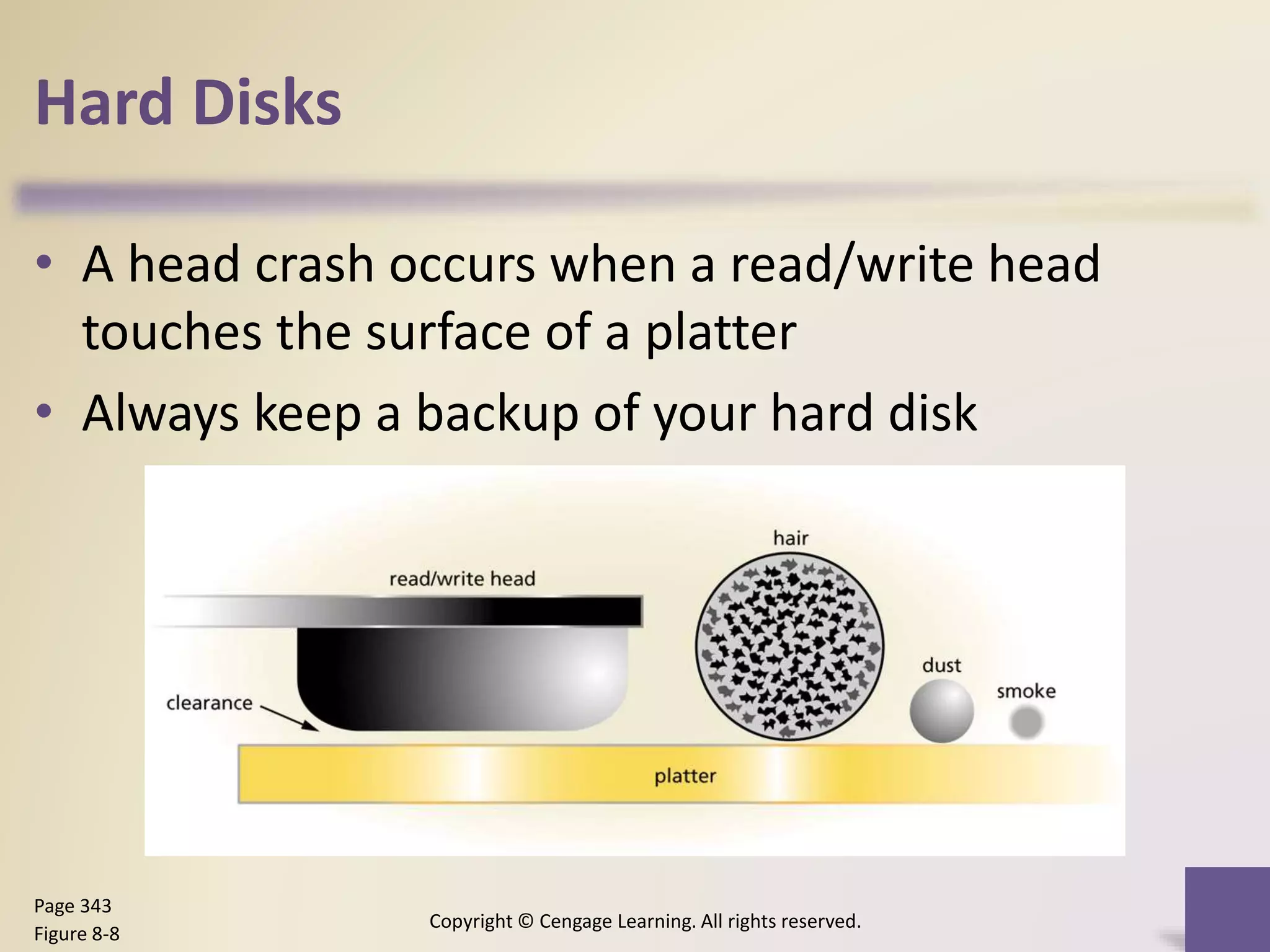 Hard Disks
• A head crash occurs when a read/write head
touches the surface of a platter
• Always keep a backup of your hard disk
Copyright © Cengage Learning. All rights reserved.
Page 343
Figure 8-8
 