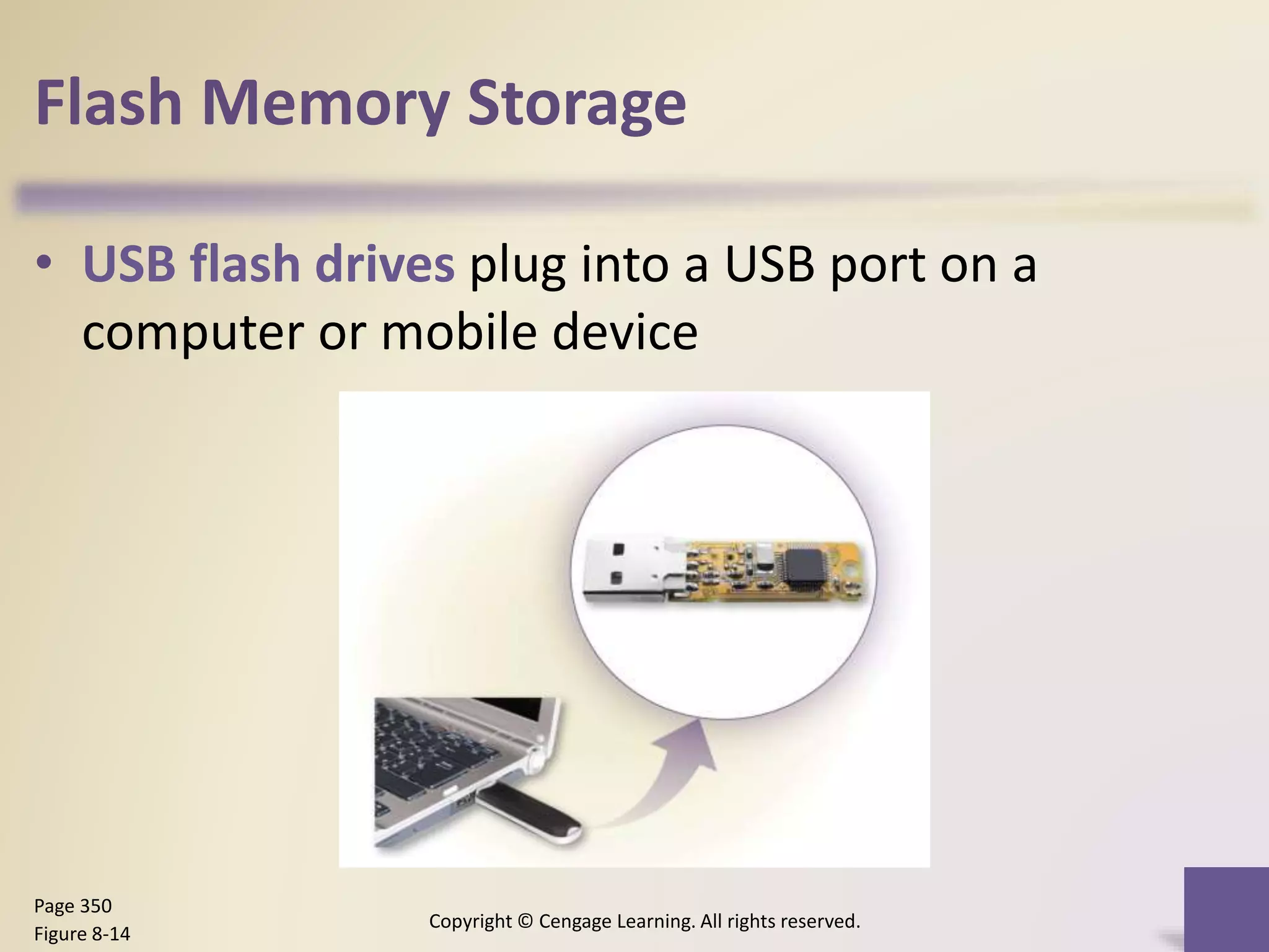 Flash Memory Storage
• USB flash drives plug into a USB port on a
computer or mobile device
Copyright © Cengage Learning. All rights reserved.
Page 350
Figure 8-14
 