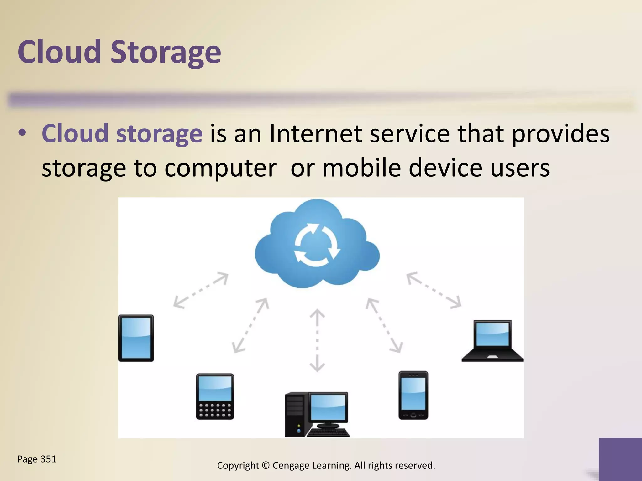 Cloud Storage
• Cloud storage is an Internet service that provides
storage to computer or mobile device users
Copyright © Cengage Learning. All rights reserved.
Page 351
 