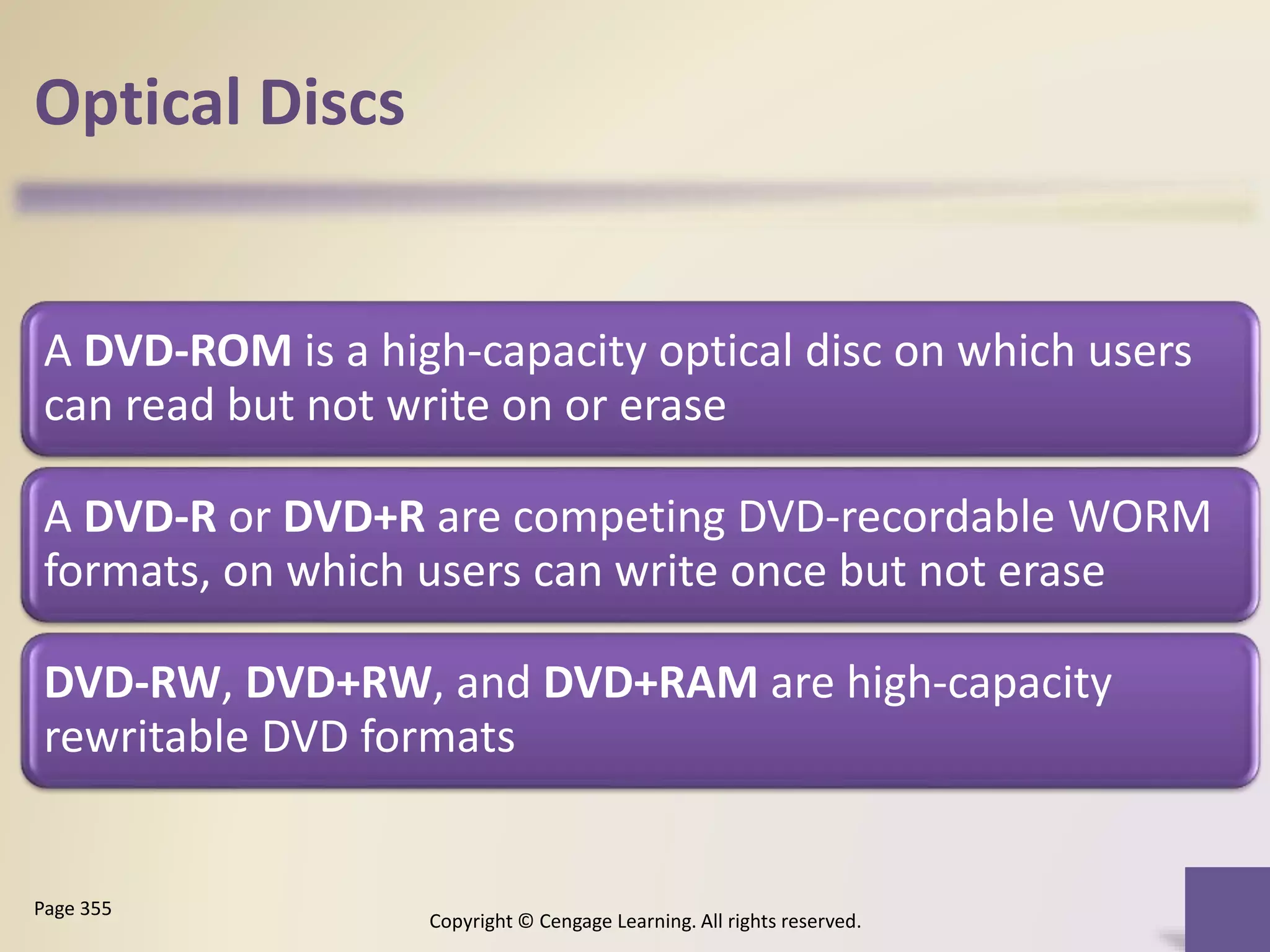 Optical Discs
A DVD-ROM is a high-capacity optical disc on which users
can read but not write on or erase
A DVD-R or DVD+R are competing DVD-recordable WORM
formats, on which users can write once but not erase
DVD-RW, DVD+RW, and DVD+RAM are high-capacity
rewritable DVD formats
Copyright © Cengage Learning. All rights reserved.
Page 355
 