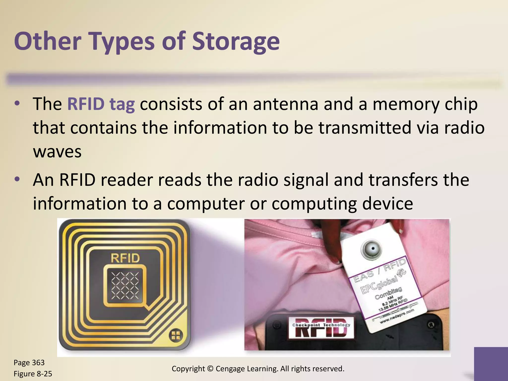 Other Types of Storage
• The RFID tag consists of an antenna and a memory chip
that contains the information to be transmitted via radio
waves
• An RFID reader reads the radio signal and transfers the
information to a computer or computing device
Copyright © Cengage Learning. All rights reserved.
Page 363
Figure 8-25
 