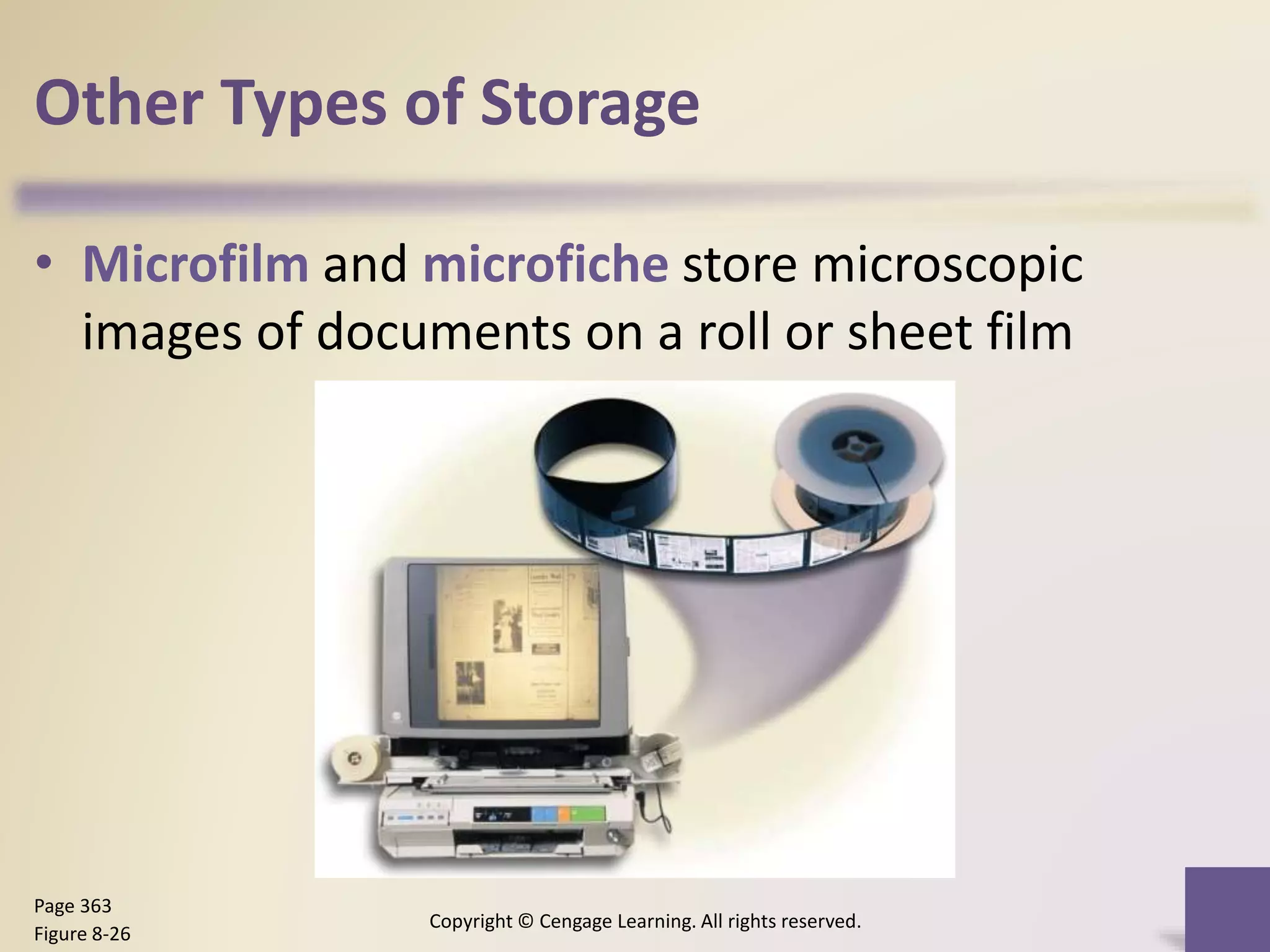 Other Types of Storage
• Microfilm and microfiche store microscopic
images of documents on a roll or sheet film
Copyright © Cengage Learning. All rights reserved.
Page 363
Figure 8-26
 