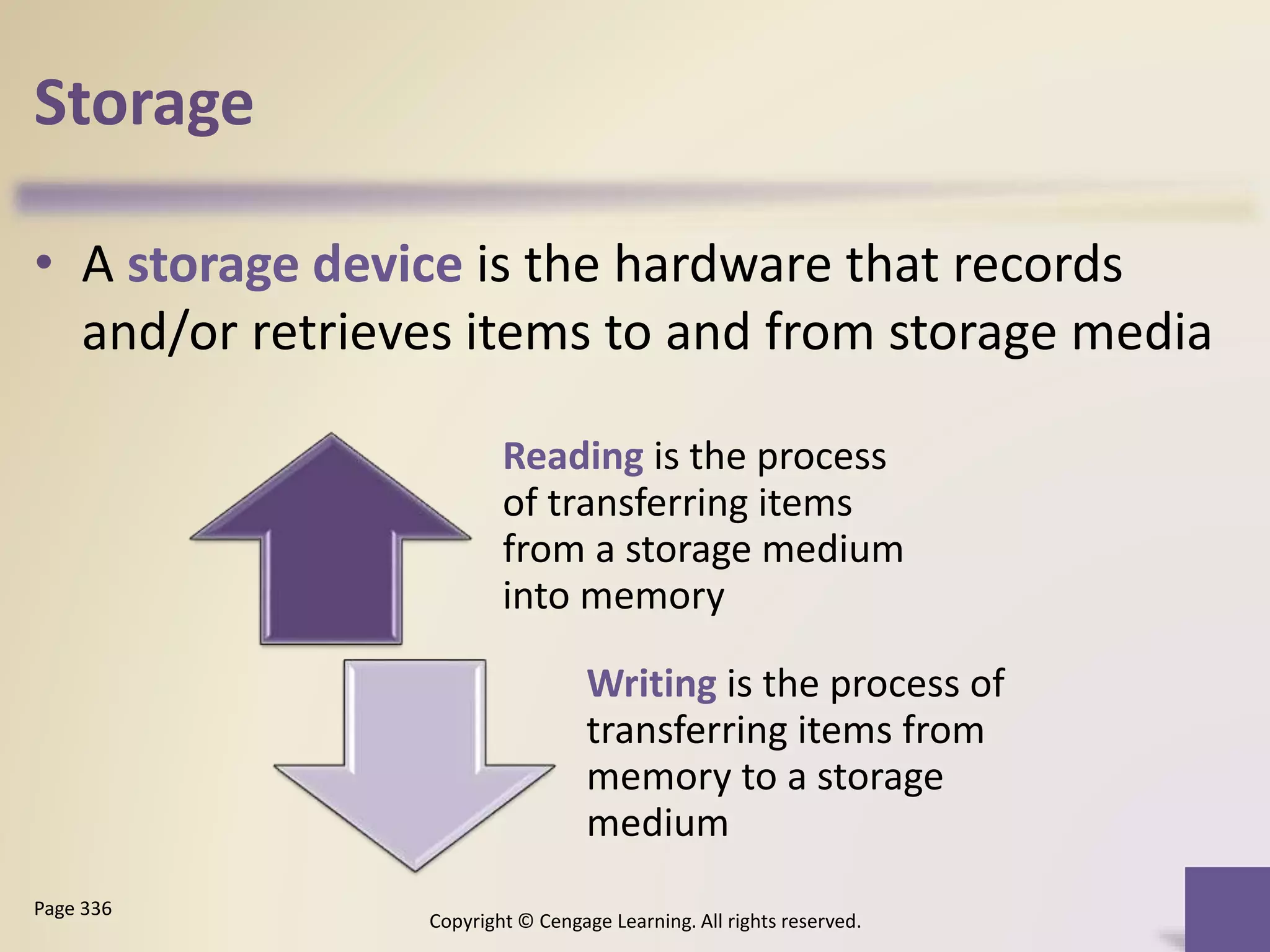 Storage
• A storage device is the hardware that records
and/or retrieves items to and from storage media
Copyright © Cengage Learning. All rights reserved.
Page 336
Reading is the process
of transferring items
from a storage medium
into memory
Writing is the process of
transferring items from
memory to a storage
medium
 