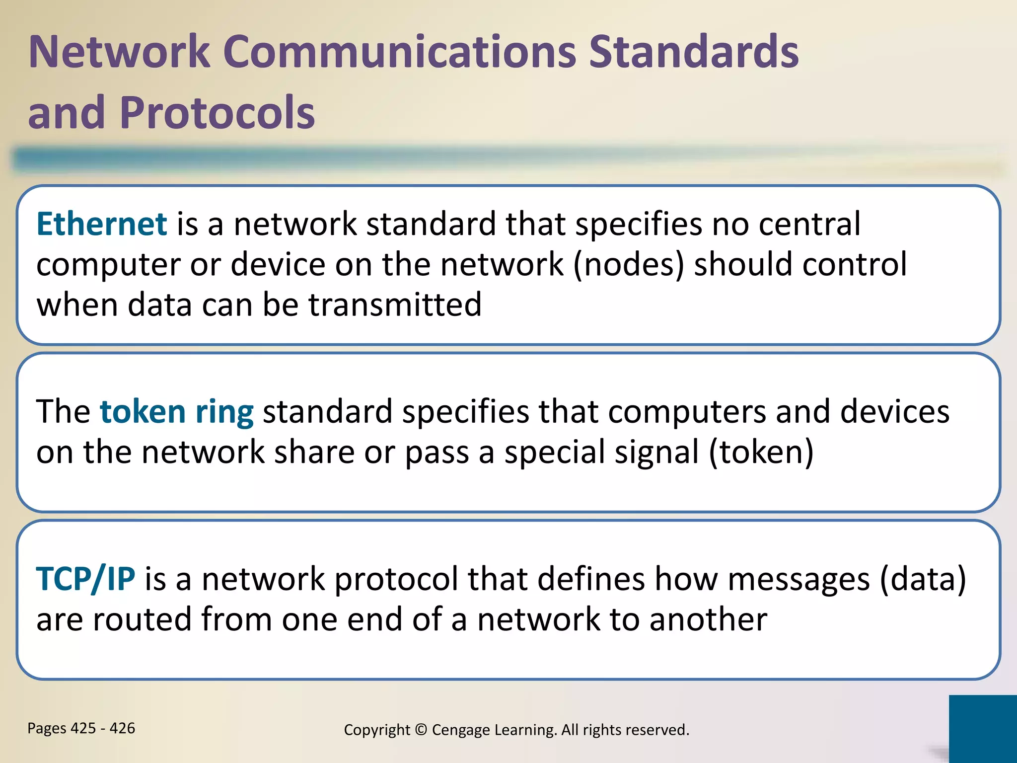 Network Communications Standards
and Protocols
Ethernet is a network standard that specifies no central
computer or device on the network (nodes) should control
when data can be transmitted
The token ring standard specifies that computers and devices
on the network share or pass a special signal (token)
TCP/IP is a network protocol that defines how messages (data)
are routed from one end of a network to another
Copyright © Cengage Learning. All rights reserved.Pages 425 - 426
 