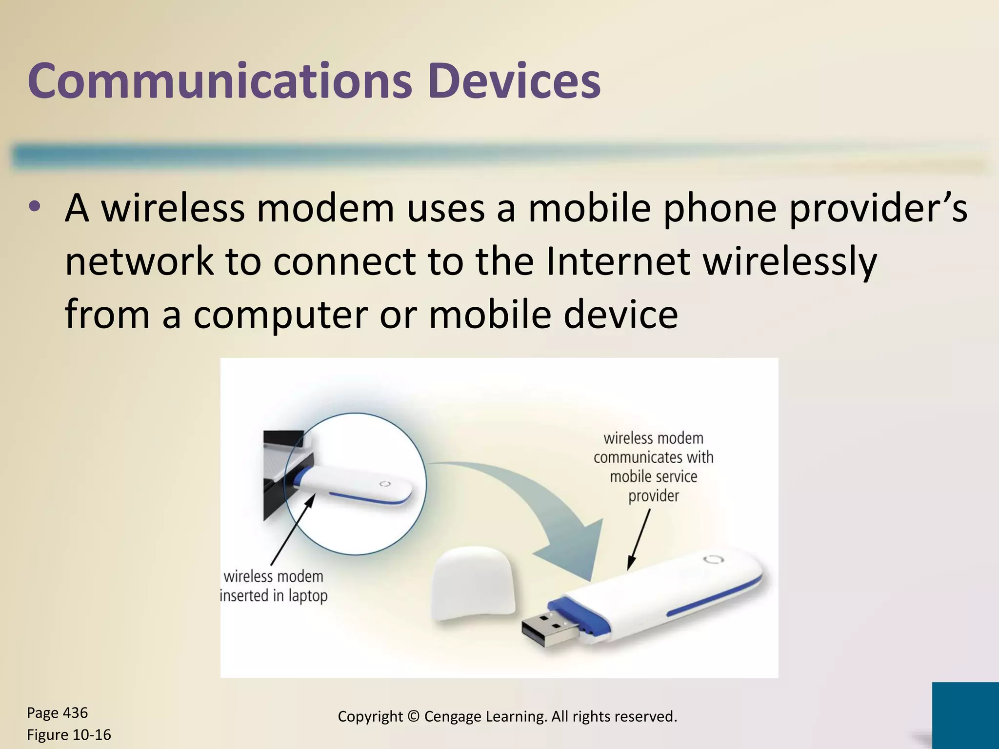 Communications Devices
• A wireless modem uses a mobile phone provider’s
network to connect to the Internet wirelessly
from a computer or mobile device
Copyright © Cengage Learning. All rights reserved.Page 436
Figure 10-16
 