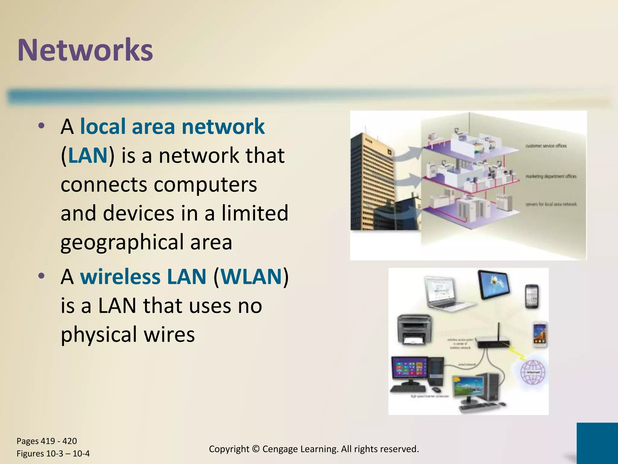Networks
• A local area network
(LAN) is a network that
connects computers
and devices in a limited
geographical area
• A wireless LAN (WLAN)
is a LAN that uses no
physical wires
Copyright © Cengage Learning. All rights reserved.
Pages 419 - 420
Figures 10-3 – 10-4
 