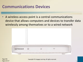 Communications Devices
• A wireless access point is a central communications
device that allows computers and devices to transfer data
wirelessly among themselves or to a wired network
Copyright © Cengage Learning. All rights reserved.Page 436
Figure 10-17
 