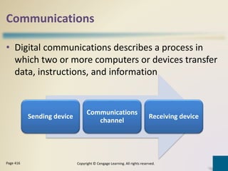 Communications
• Digital communications describes a process in
which two or more computers or devices transfer
data, instructions, and information
Copyright © Cengage Learning. All rights reserved.Page 416
Sending device
Communications
channel
Receiving device
 