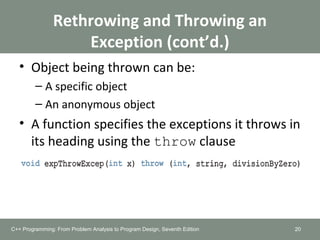 Rethrowing and Throwing an
Exception (cont’d.)
• Object being thrown can be:
– A specific object
– An anonymous object
• A function specifies the exceptions it throws in
its heading using the throw clause
20C++ Programming: From Problem Analysis to Program Design, Seventh Edition
 