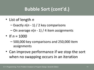 Bubble Sort (cont’d.)
• List of length n
– Exactly n(n - 1) / 2 key comparisons
– On average n(n - 1) / 4 item assignments
• If n = 1000
– 500,000 key comparisons and 250,000 item
assignments
• Can improve performance if we stop the sort
when no swapping occurs in an iteration
C++ Programming: From Problem Analysis to Program Design, Seventh Edition 11
 