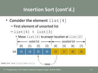 Insertion Sort (cont’d.)
• Consider the element list[4]
– First element of unsorted list
– list[4] < list[3]
• Move list[4] to proper location at list[2]
C++ Programming: From Problem Analysis to Program Design, Seventh Edition 13
 