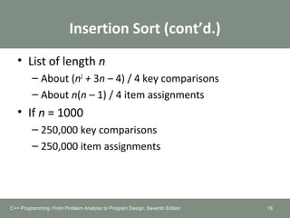 Insertion Sort (cont’d.)
• List of length n
– About (n2
+ 3n – 4) / 4 key comparisons
– About n(n – 1) / 4 item assignments
• If n = 1000
– 250,000 key comparisons
– 250,000 item assignments
C++ Programming: From Problem Analysis to Program Design, Seventh Edition 19
 