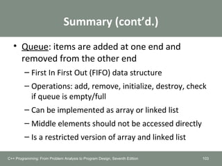 Summary (cont’d.)
• Queue: items are added at one end and
removed from the other end
– First In First Out (FIFO) data structure
– Operations: add, remove, initialize, destroy, check
if queue is empty/full
– Can be implemented as array or linked list
– Middle elements should not be accessed directly
– Is a restricted version of array and linked list
103C++ Programming: From Problem Analysis to Program Design, Seventh Edition
 